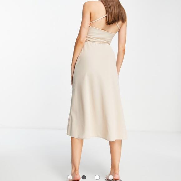 ASOS DESIGN Strappy Cupped Skater Midi Dress Natural Stone Size 10 Open Back - Picture 4 of 12
